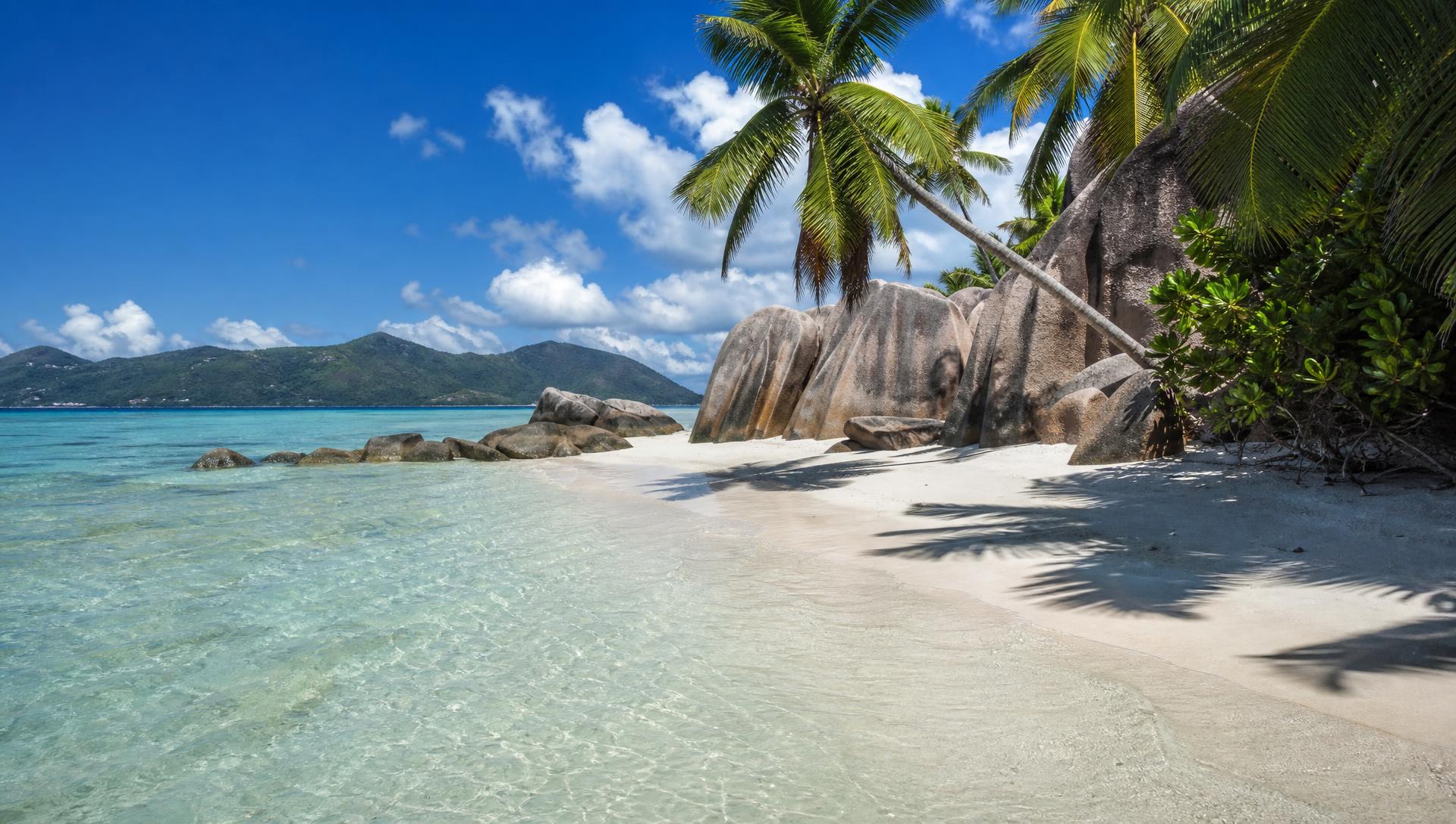 Granite boulders and palm trees on the white sand of Anse Source d'Argent beach in the Seychelles