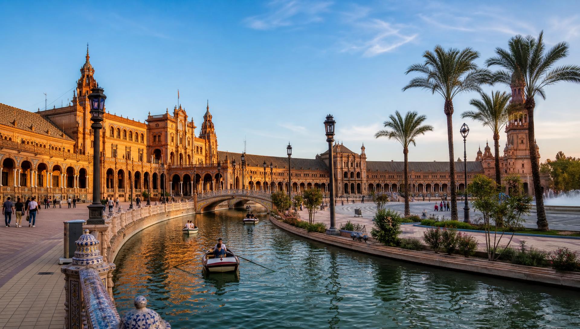 Plaza de España in Seville, Spain, at golden hour with tiled bridges and rowing boats on the canal