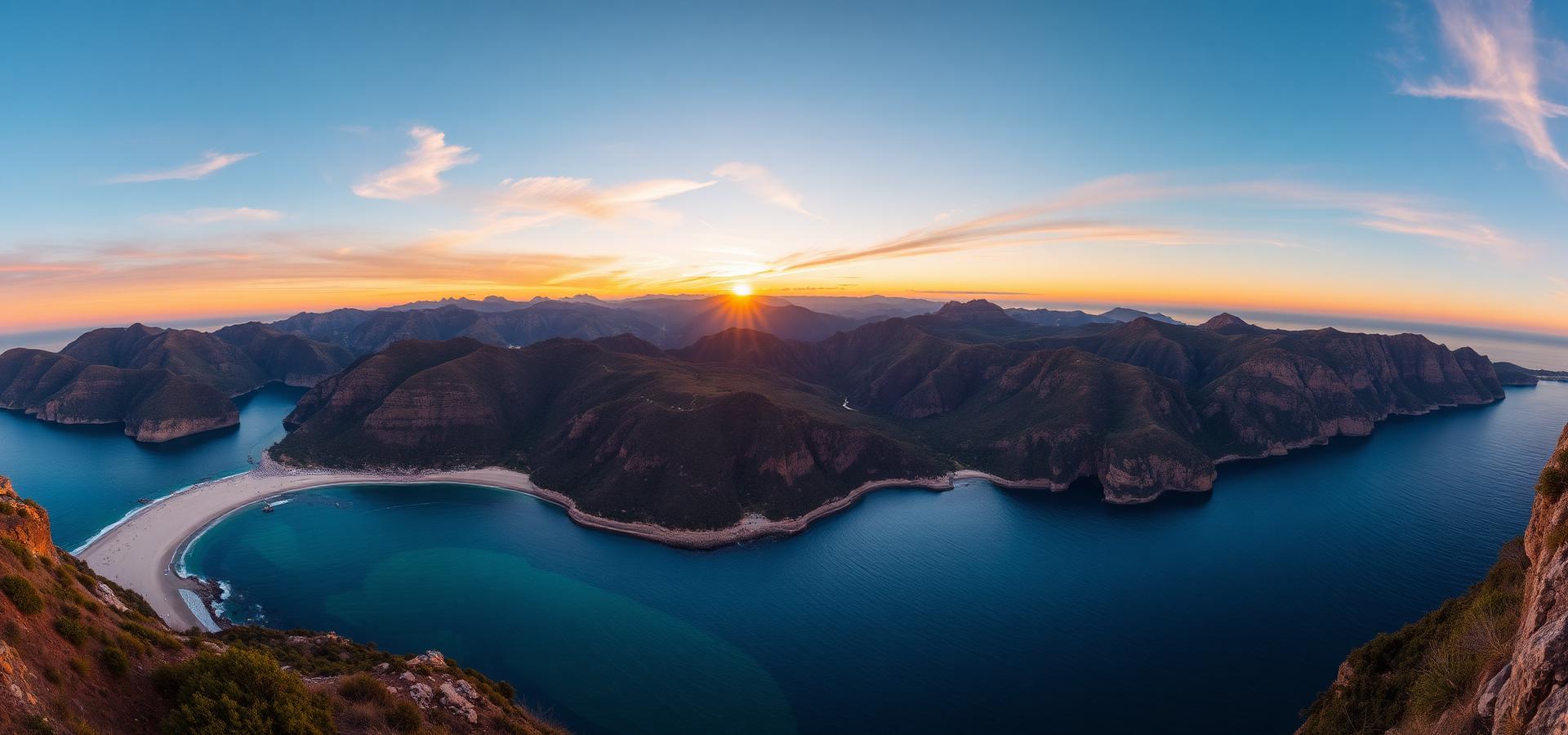 Sunrise over a dramatic coastline of mountains and sea